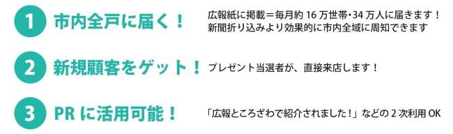 1、市内全戸に届く 2、当選者が直接来店するので新規顧客をゲット 3、「広報ところざわで紹介されました」などの2次利用も可能です