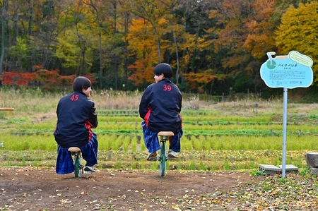 バクベンチににのる中学生の画像