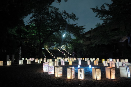 夜になり、暗い中で光る行灯